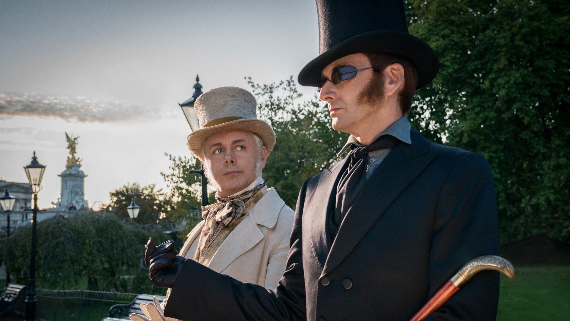 A still of Aziraphale and Crowley from the Prime Video series (Image via Facebook/@Good Omens)