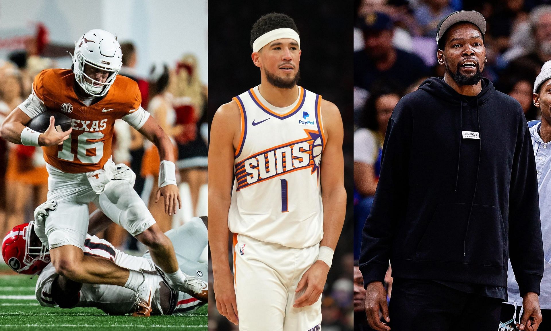 Texas vs Georgia&rsquo;s star-studded matchup sees former Longhorn Kevin Durant, teammate Devin Booker pumped. (Image credits: Imagn)