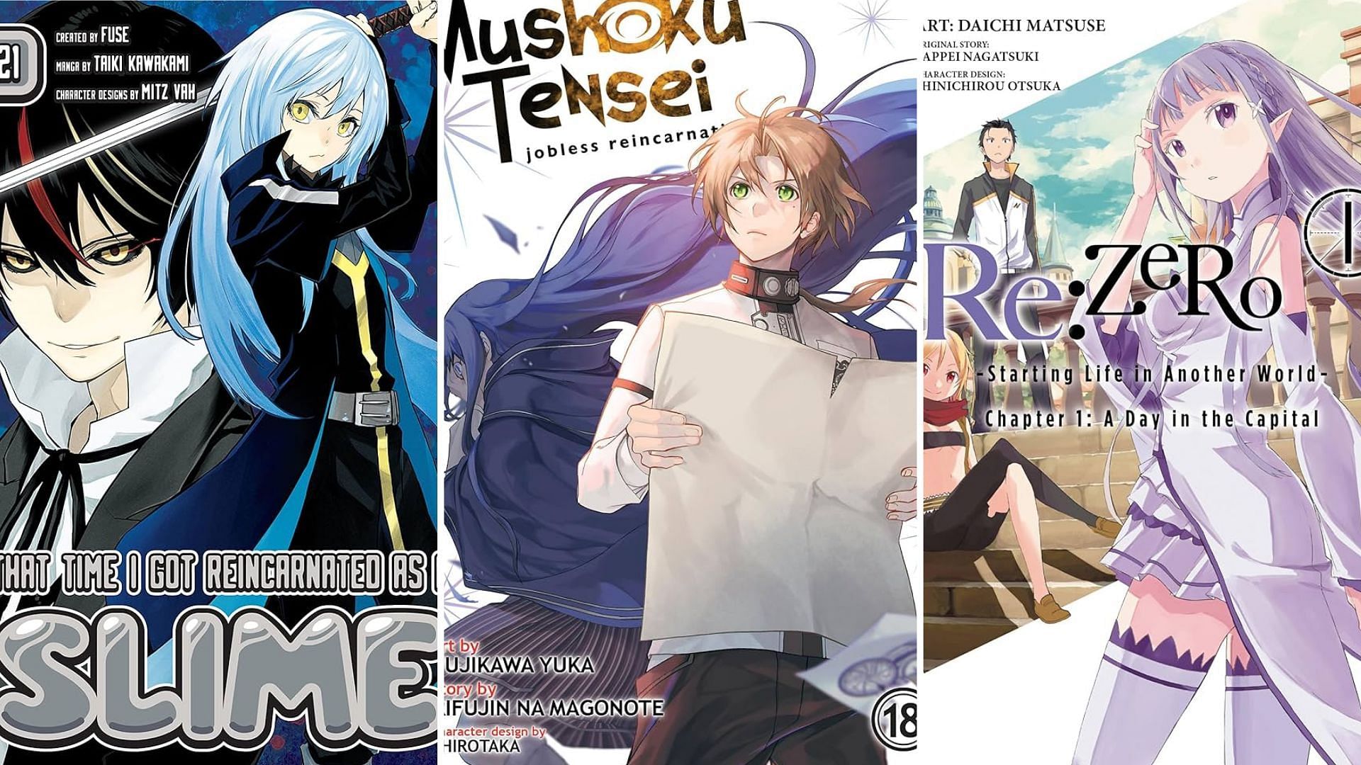 That Time I Got Reincarnated as a Slime by Fuse, Mushoku Tensei: Jobless Reincarnation by Rifujin na Magonote, Re:Zero- Starting Life in Another World by Tappei Nagatsuki (Image via Kodansha Media Factory, Seven Seas Entertainment and Yen Press)