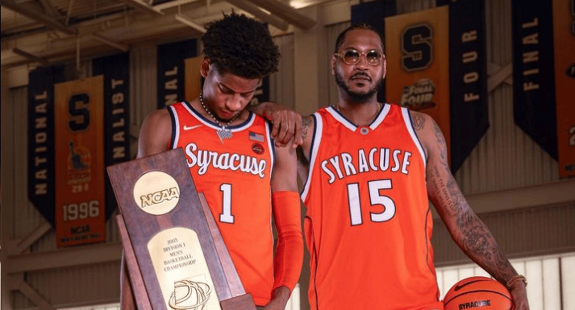 Kiyan Anthony with father, Carmelo, during Syracuse visit (Image via Instagram/@kiyananthony)