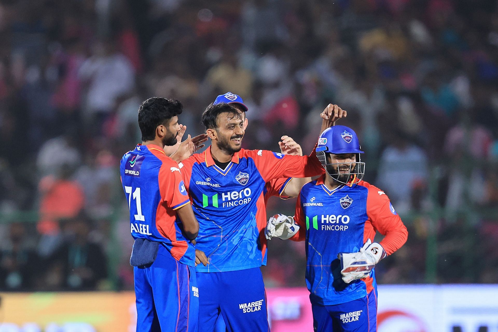 Axar Patel celebrates picking a wicket with his DC teammates during the 2024 IPL. Source: Getty