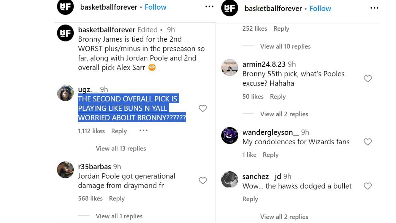 Fans react to Bronny James&#039; unenviable stat with Wizards guard Jordan Poole. [photo: @basketballforever/IG]