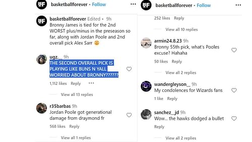 Fans react to Bronny James' unenviable stat with Wizards guard Jordan Poole. [photo: @basketballforever/IG]