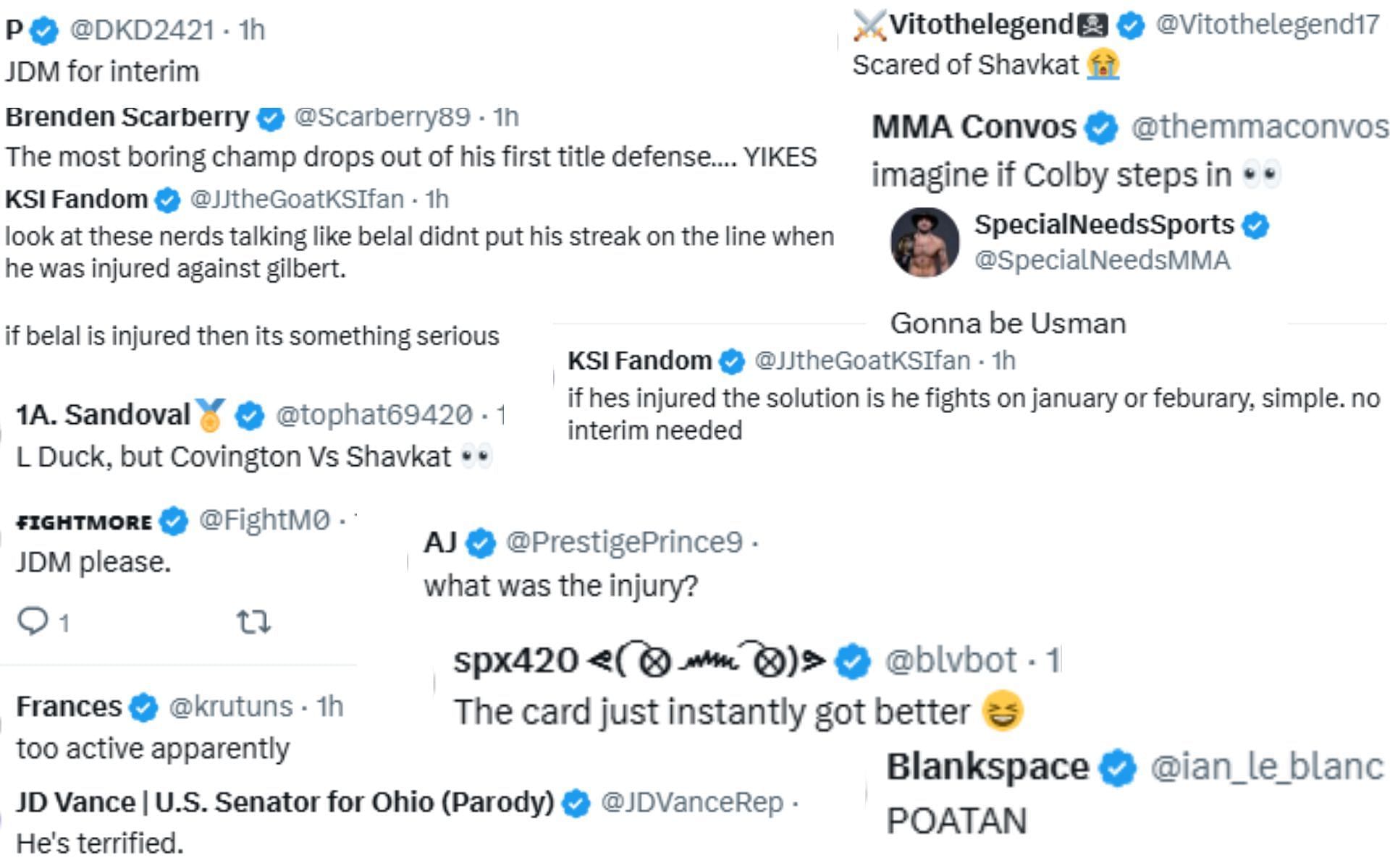 Screenshot of fan reactions to Muhammad&#039;s reported withdrawal from UFC 310