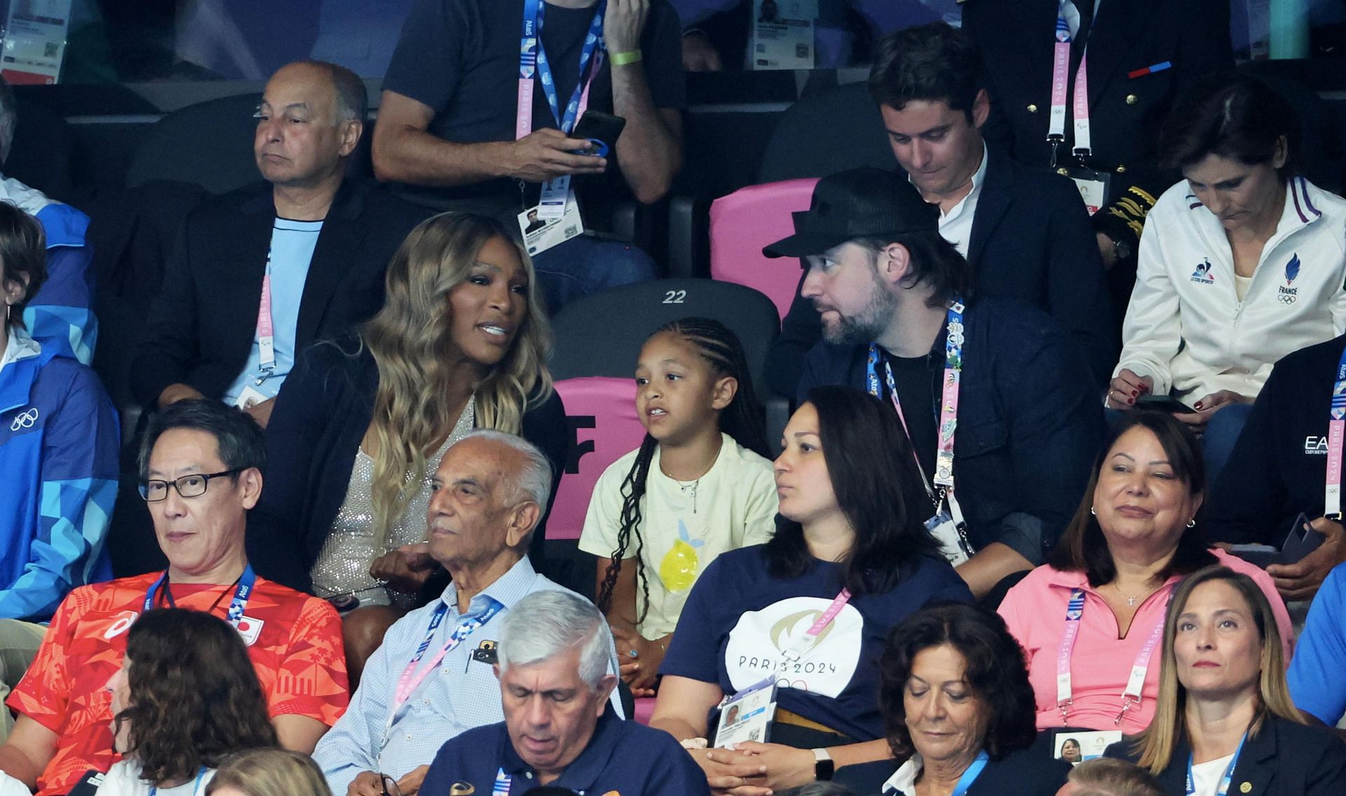 Williams (L, seated, middle row) with husband Alexis Ohanian (R) and daughter Olympia (C) at the Paris Olympics (Source: Getty)