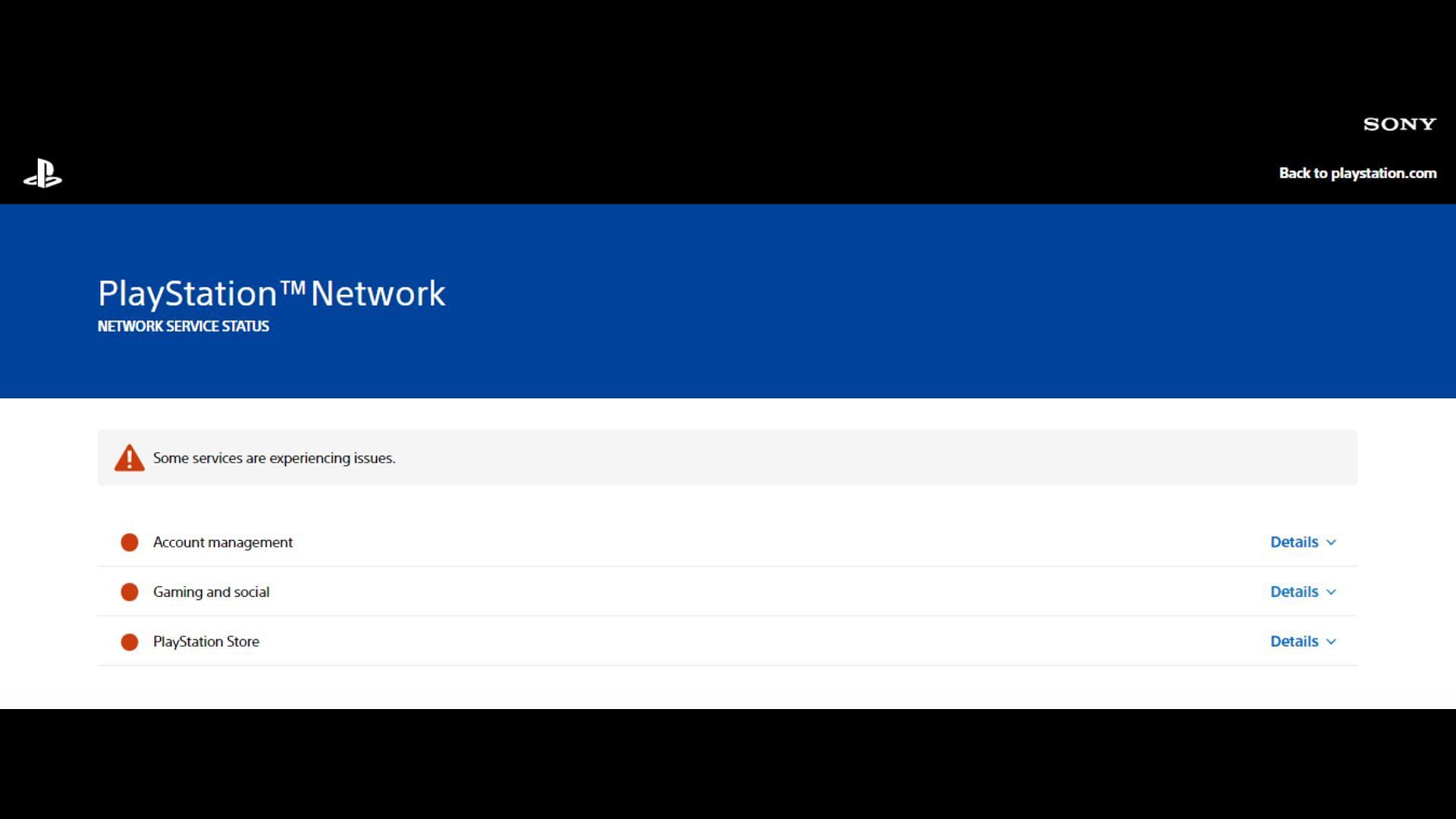 PSN Service Status website shows ongoing issues (Image via playstation.com)