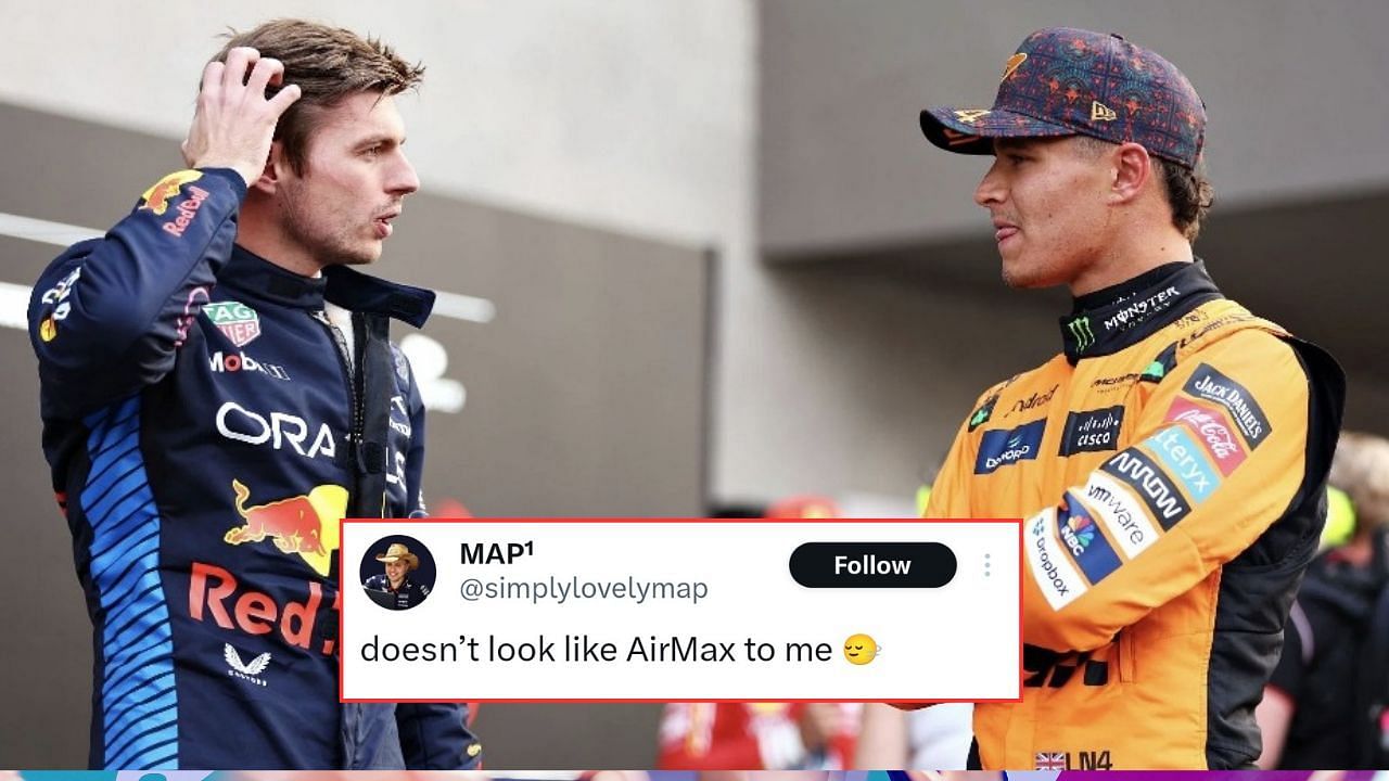 In Picture: Max Verstappen speaking to Lando Norris. Credit: Getty Images. Fan reaction by x.com/simplylovelymap.