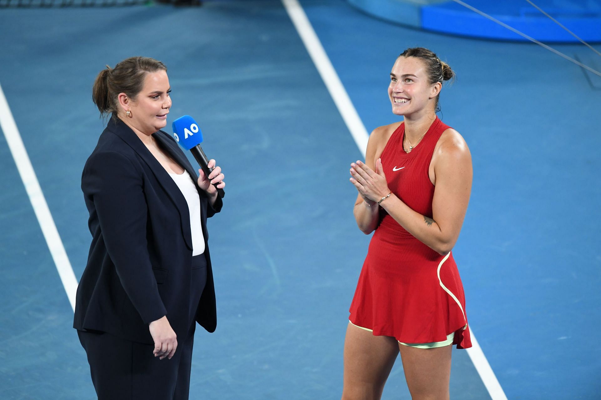 Jelena Dokic interviewing Aryna Sabalenka at the 2024 Australian Open (Image: Getty)