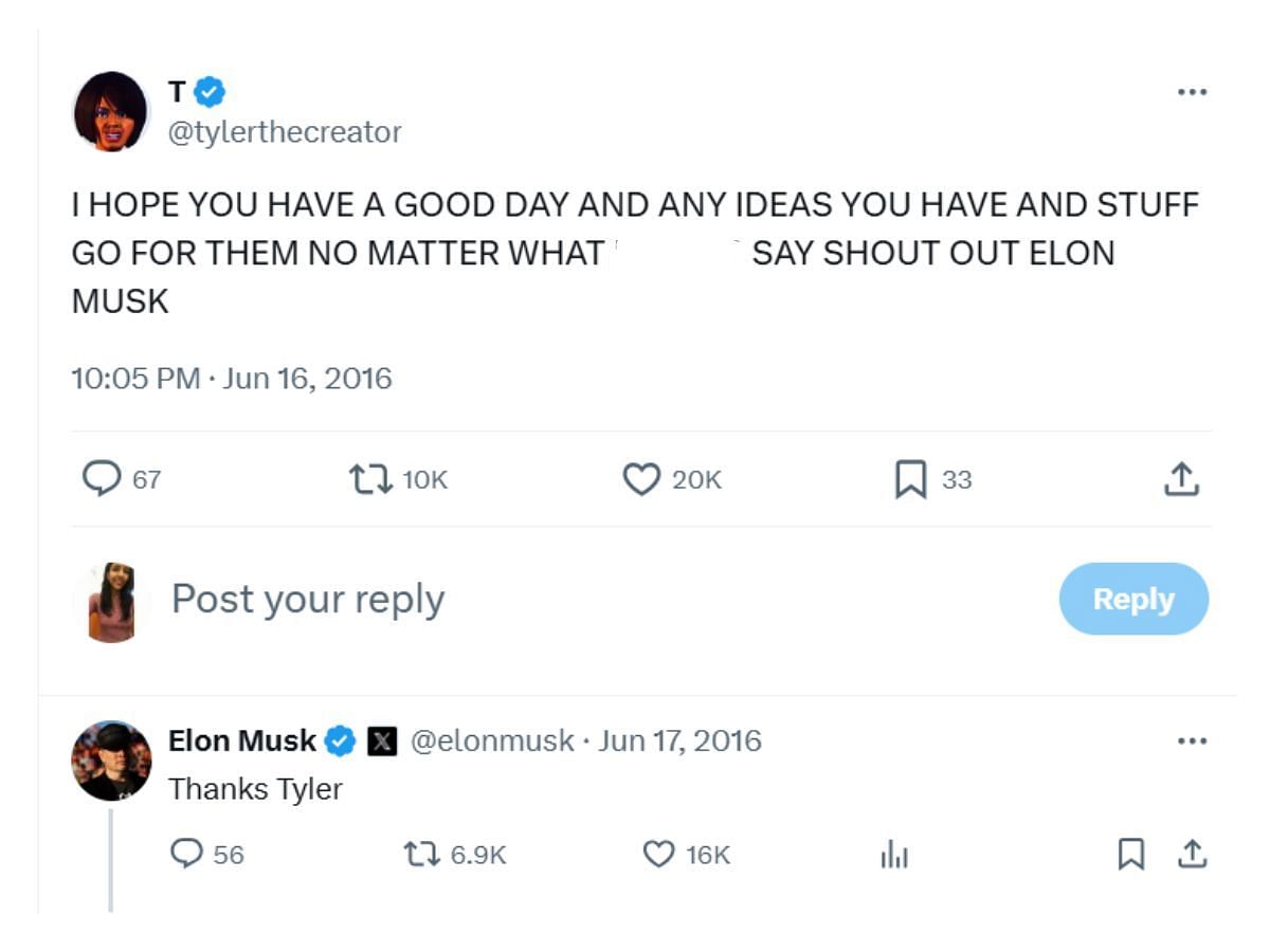 Tyler&#039;s tweet praising Elon Musk (Image via X/@tylerthecreator)