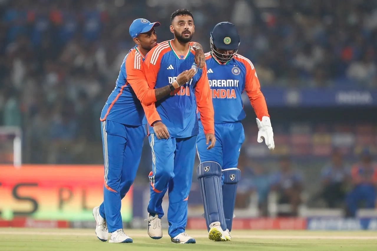 Varun Chakaravarthy (center) picked up two wickets in the second T20I against Bangladesh. [P/C: BCCI]