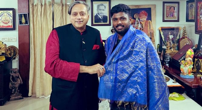 [In Pictures] Shashi Tharoor gives hero’s welcome to Sanju Samson after his maiden T20I ton