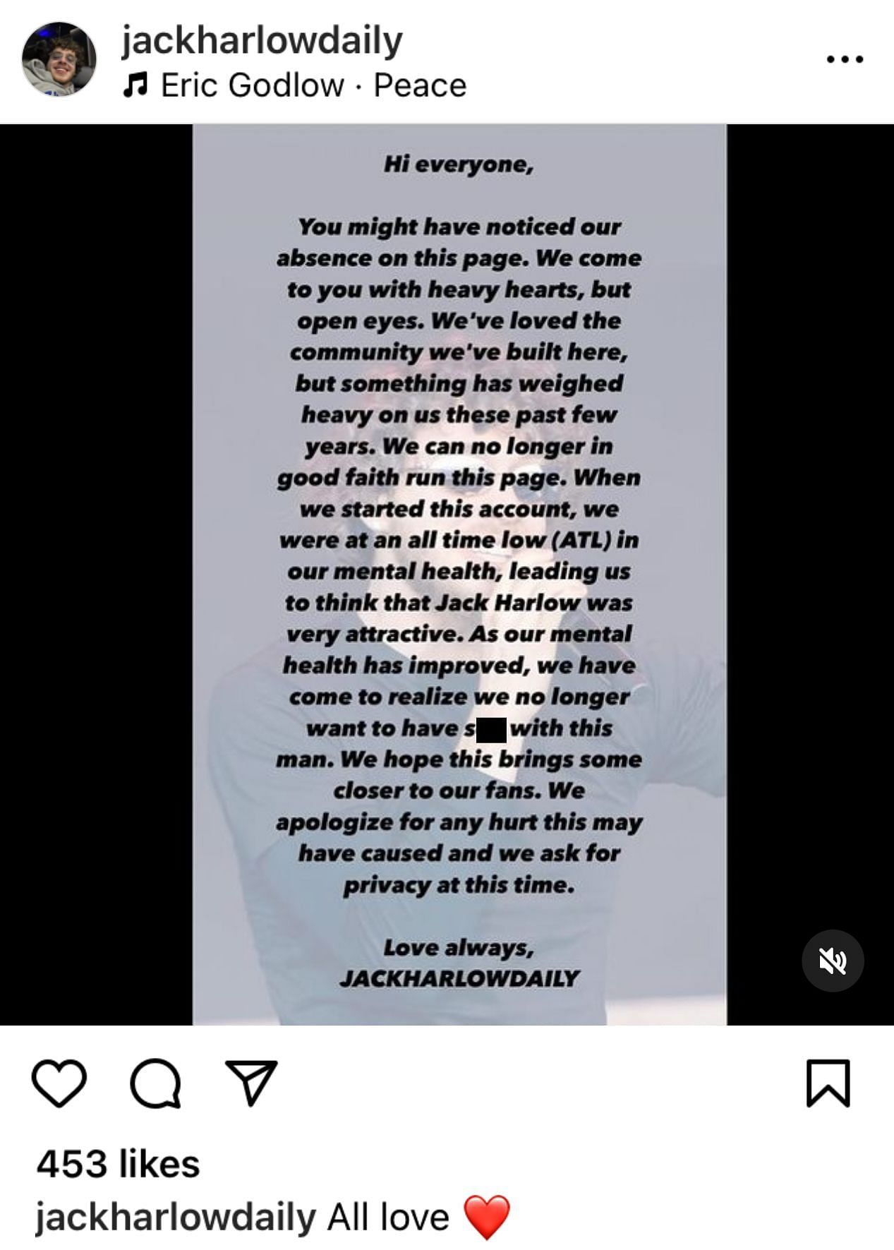 A Jack Harlow fan account&#039;s parting message (Image via Instagram/@jackharlowdaily)