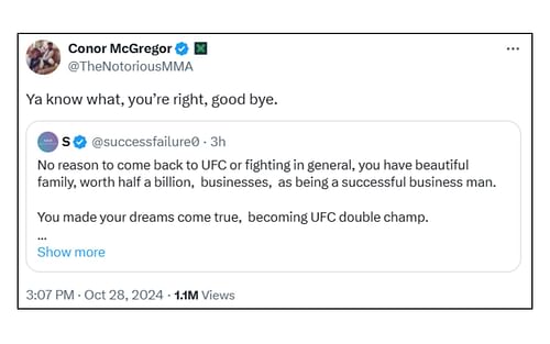 Conor McGregor quits fighting? [Image courtesy: @TheNotoriousMMA]