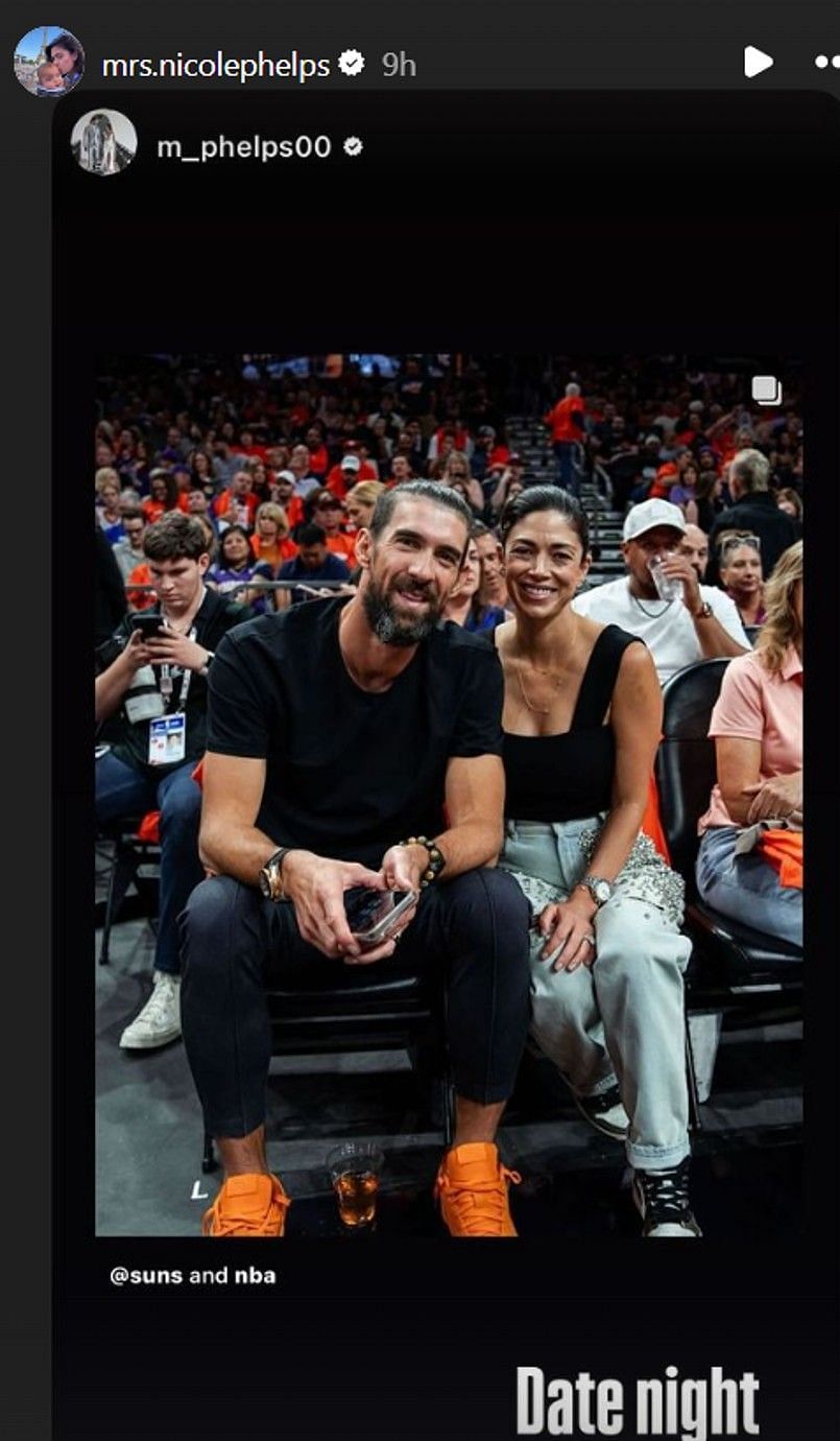 Michael Phelps and Nicole Phelps in attendance at Suns vs Mavericks (via Nicole Phelps Instagram story)