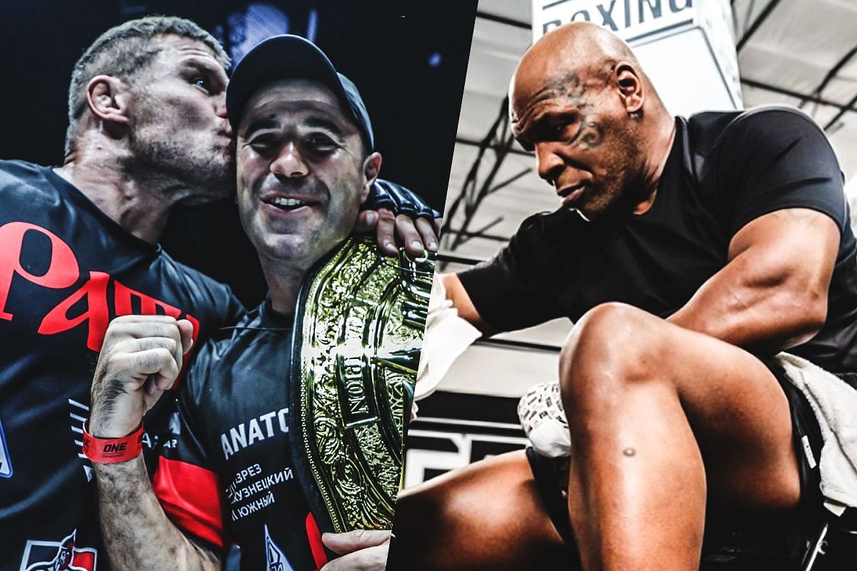 (From left to right) Anatoly Malykhin, John Hutchinson, and Mike Tyson. [Photos from ONE Championship, @miketyson Instagram] 