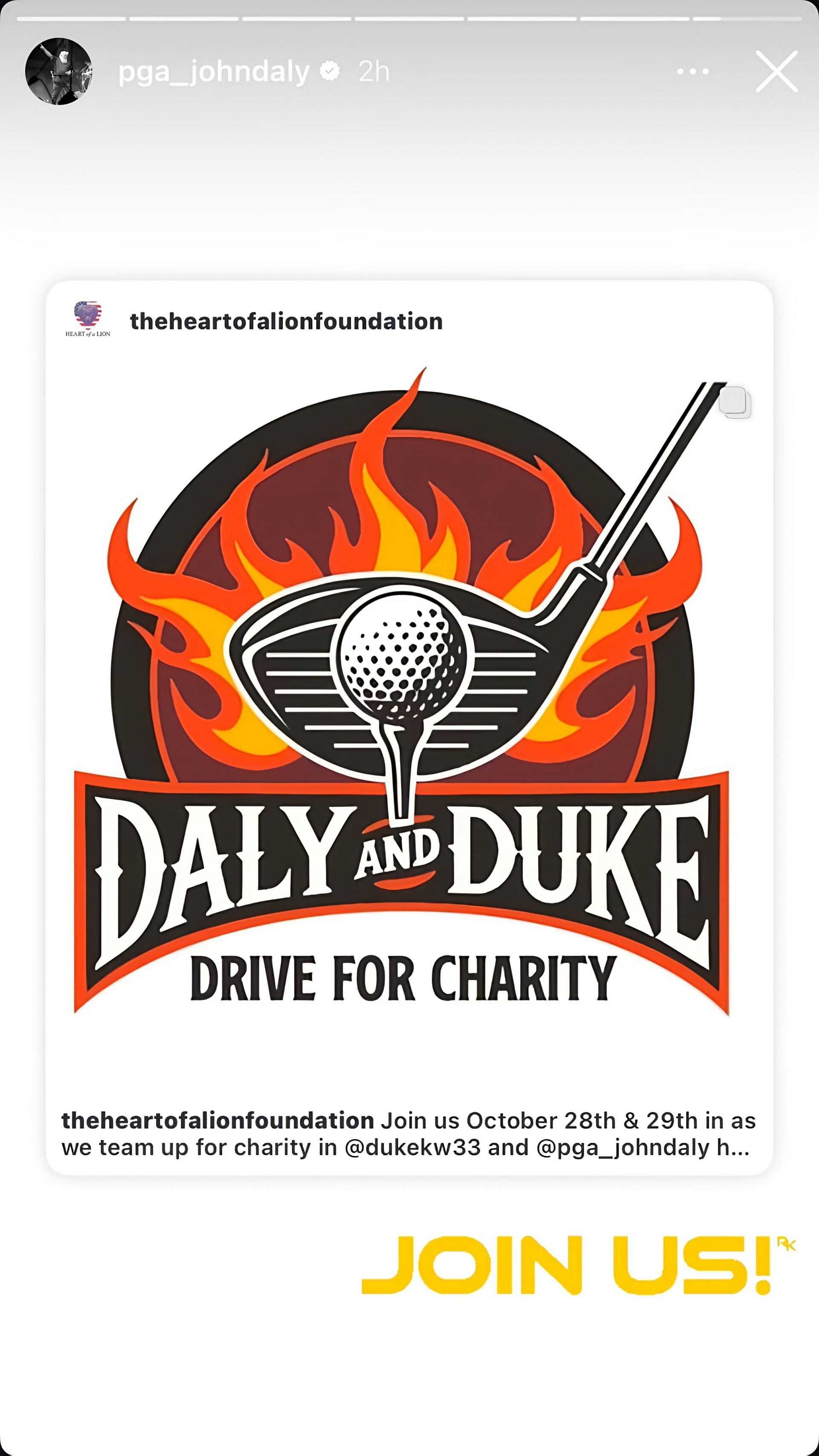 John Daly shares the Daly and Duke Drive for Charity post on his Instagram story. Image via Instagram @pga_johndaly