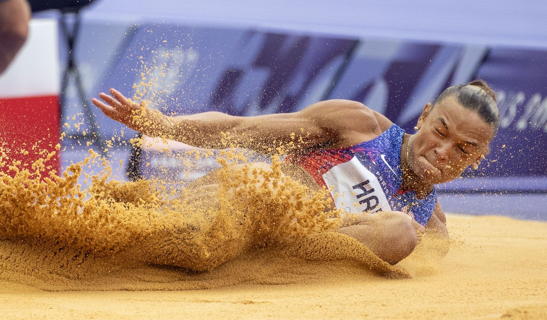 Anna Hall in action in the Women&#039;s Heptathlon Long Jump at the Paris Olympics 2024. (Photo by Tim Clayton/Corbis via Getty Images)