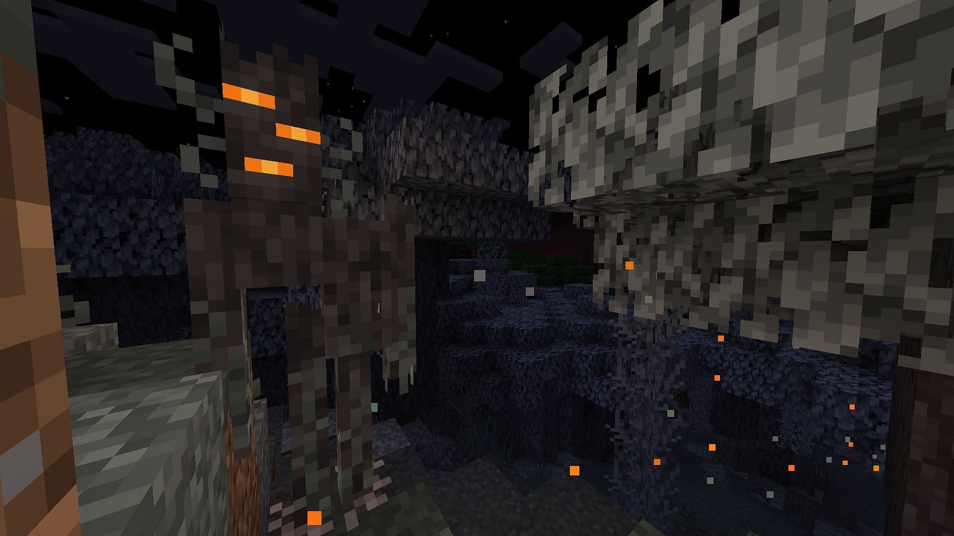 A struck creaking creates particles leading to its creaking heart in Minecraft (Image via Mojang)