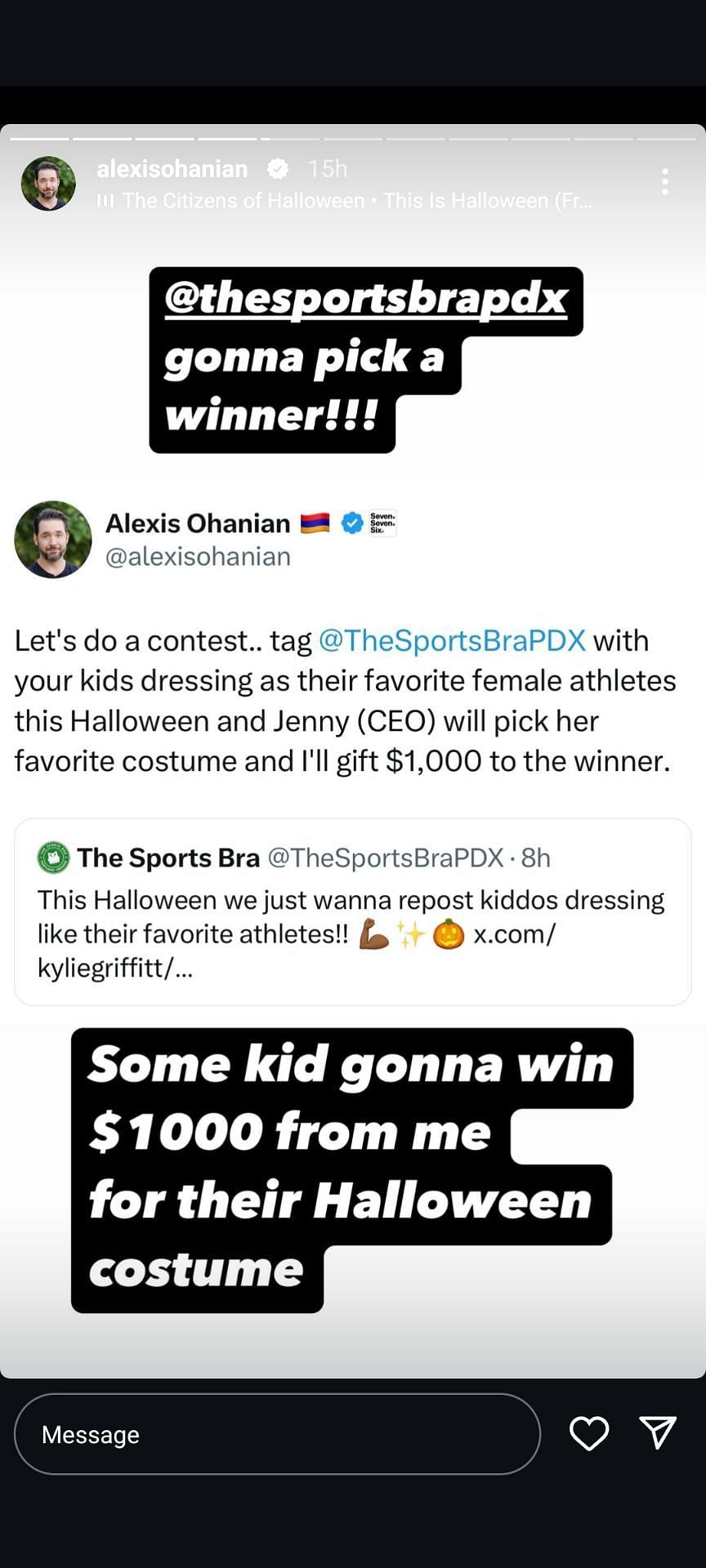 Alexis Ohanian&#039;s Instagram Story on his promise to reward kids dressing up on Halloween as their favorite women&#039;s athletes (Source: Instagram/Alexis Ohanian)