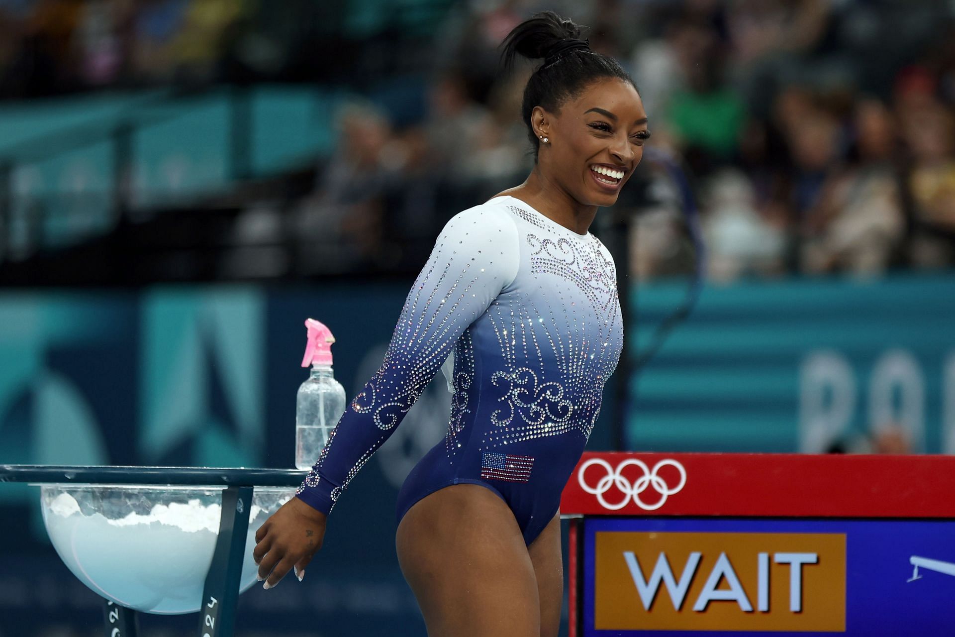 Simone Biles of Team United States looks before the women&acute;s balance beam finale during the Olympic Games 2024 at Bercy Arena in Paris, France. (Photo by Getty Images)