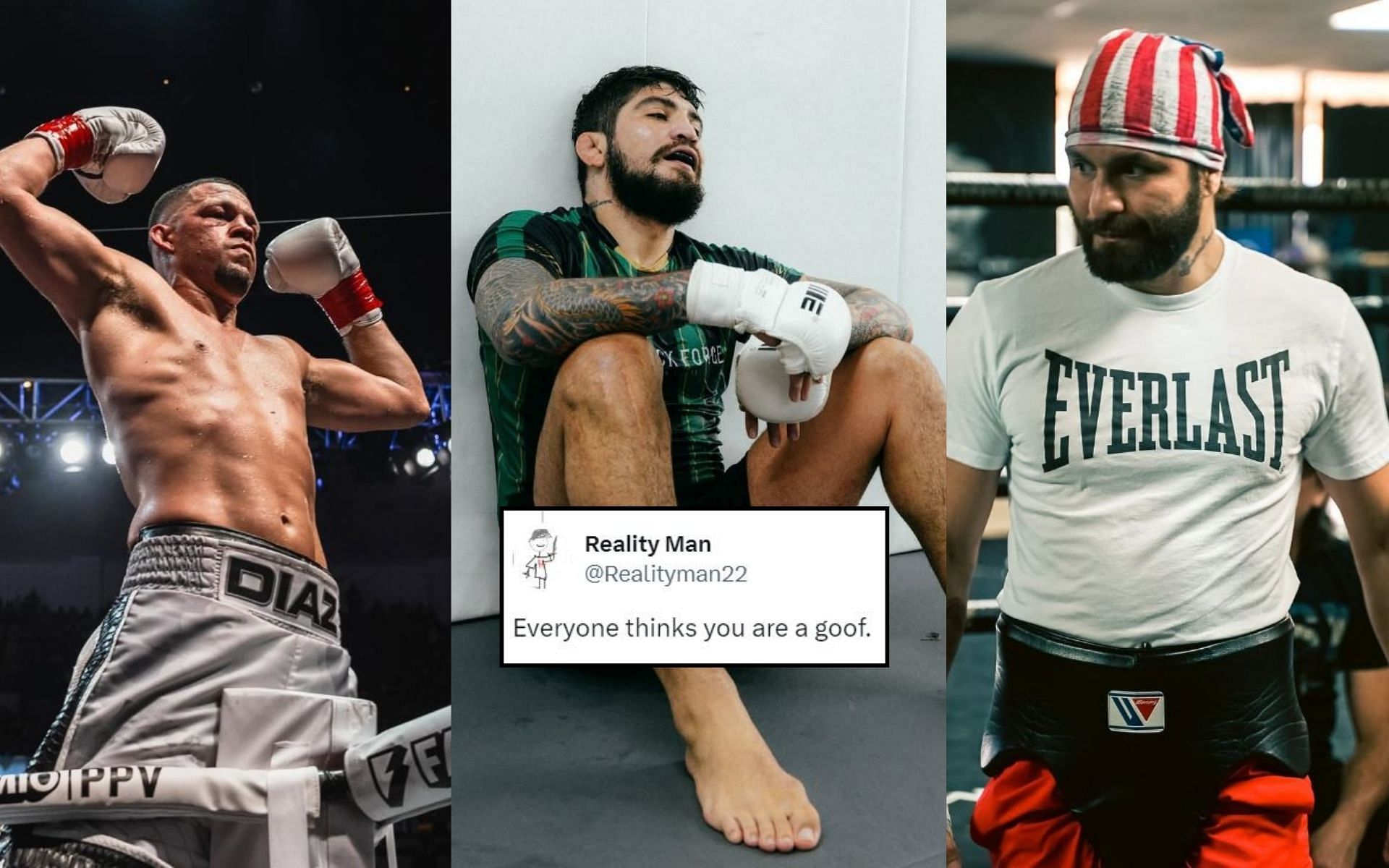 Fans react (insert) to Dillon Danis (middle) after he claimed Nate Diaz (left) and Jorge Masvidal (right) declined fights with him. [Image credit: @natediaz209. @dillondanis, @gamebredfighter on Instagram]