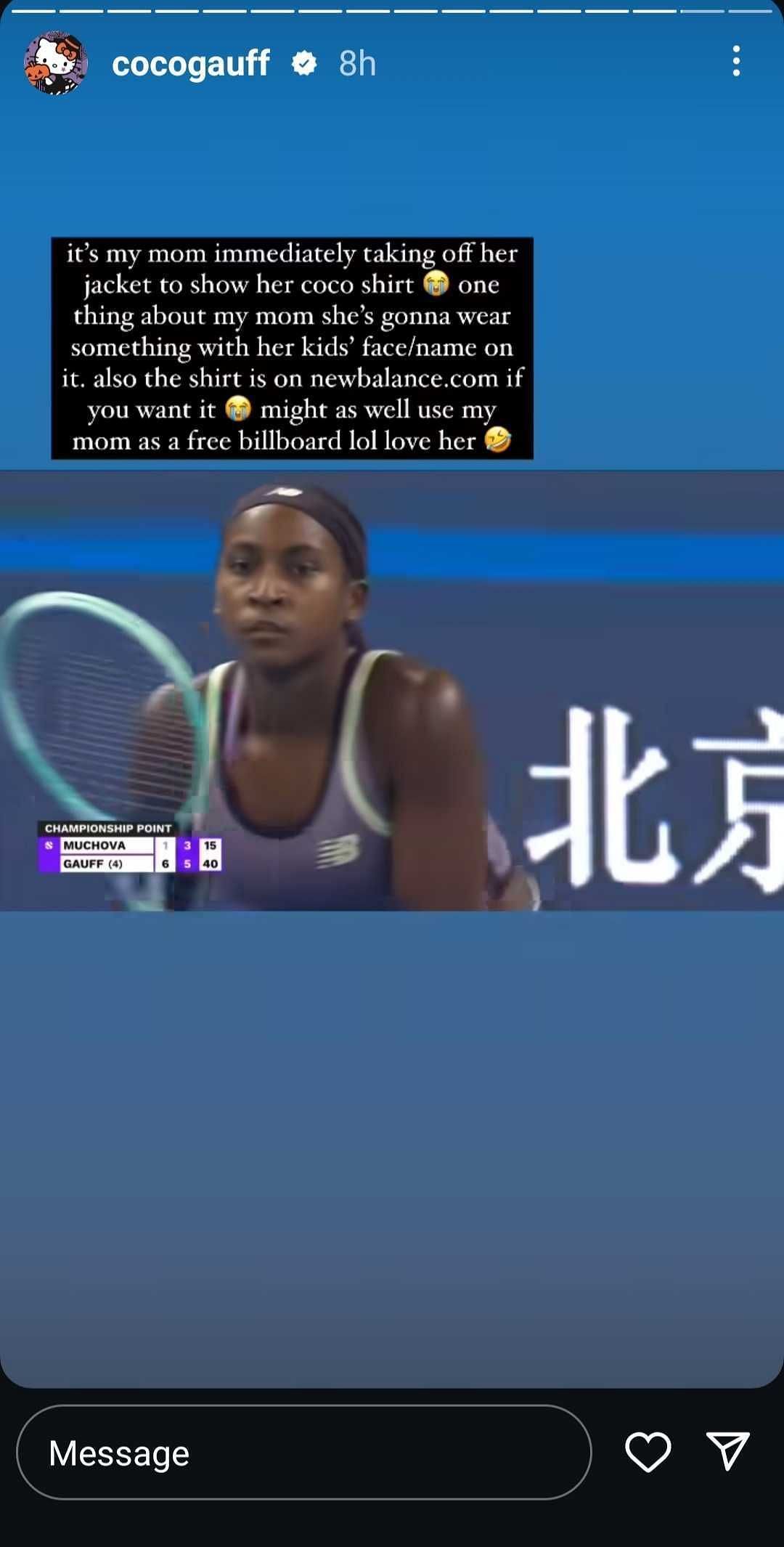 Coco Gauff's Instagram story. Source: Instagram/cocogauff