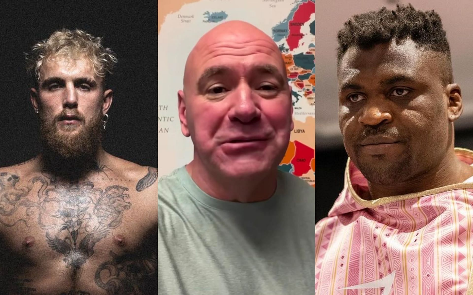 Jake Paul (left) slams Dana White (centre) over Francis Ngannou (right) comments, resurfacing a 3 year old video. [Image courtesy: @jakepaul, @danawhite  and @francisngannou on Instagram]