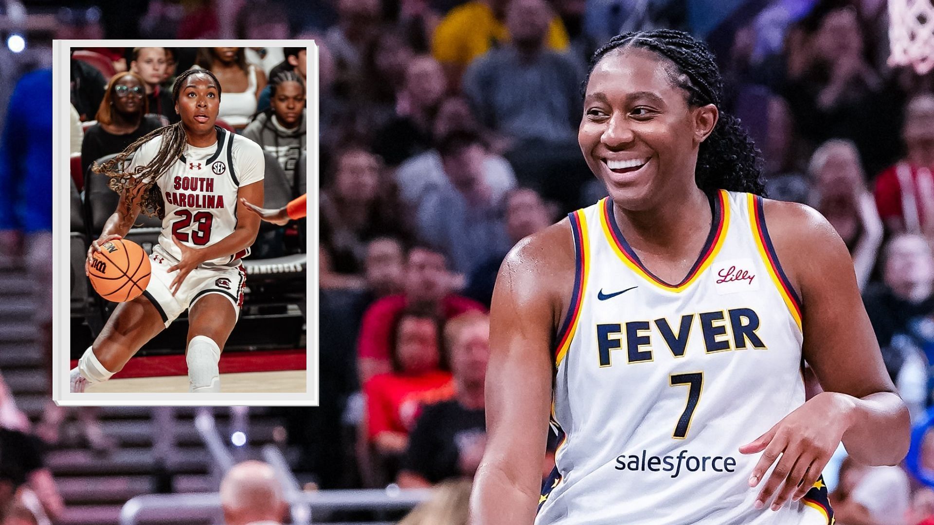 Aliyah Boston giving full support to former college teammate Bree Hall in her year with the Gamecocks. (Photos from Indiana Fever and South Carolina Women