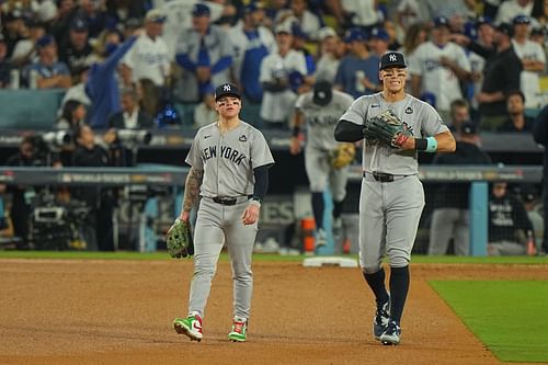 Aaron Judge and Alex Verdugo walking to the outfield (Getty)