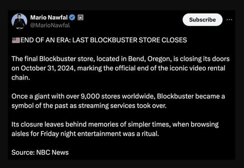 The last Blockbuster store located in Bend, Oregon is not shutting down after Halloween (Image via X)