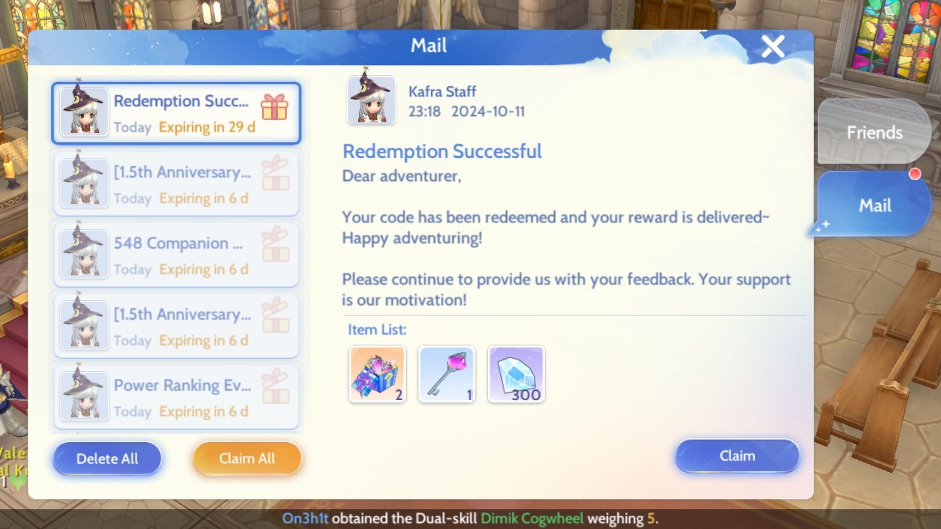 Claim freebies from the in-game mail box after redeeming them (Image via Gravity)