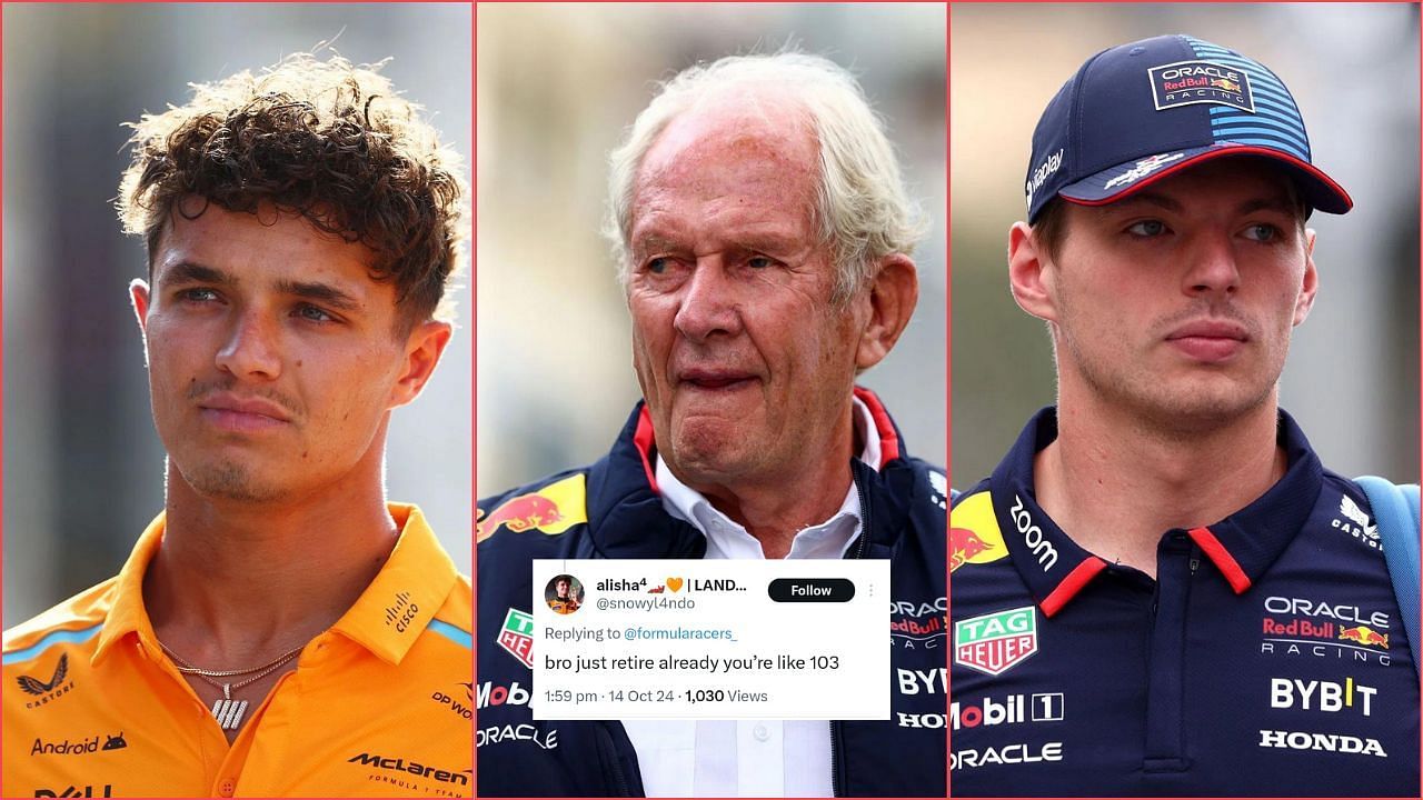 Lando Norris, Helmut Marko and Max Verstappen (from Left). Credit: Getty Images. Fan reaction by: x.com/snowyl4ndo