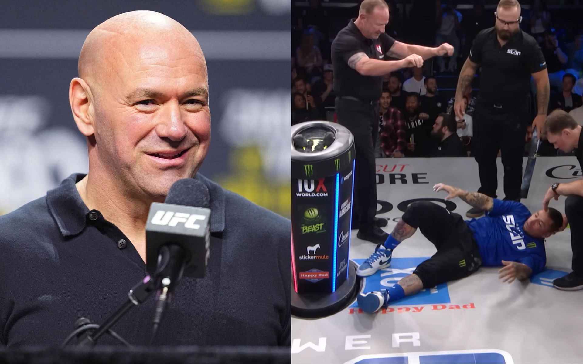 Dana White (left) dismisses concerns from doctors over concussion risk in Power Slap (right) [Images courtesy: Getty Images, @powerslap on YouTube]