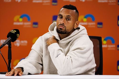 Nick Kyrgios at a 2022 Miami Open press conference following his fourth-round loss to Jannik Sinner (Source: Getty)