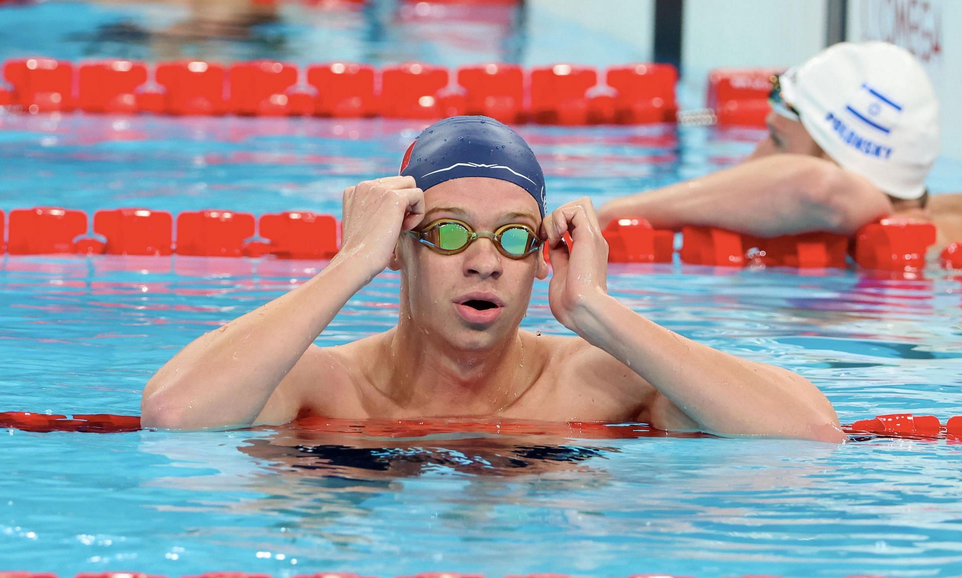 Leon Marchand of Team France reacts after the Men&#039;s 200m Individual Medley Semifinals at the Paris Olympic Games 2024 in France (Photo by Xavier Laine/Getty Images)