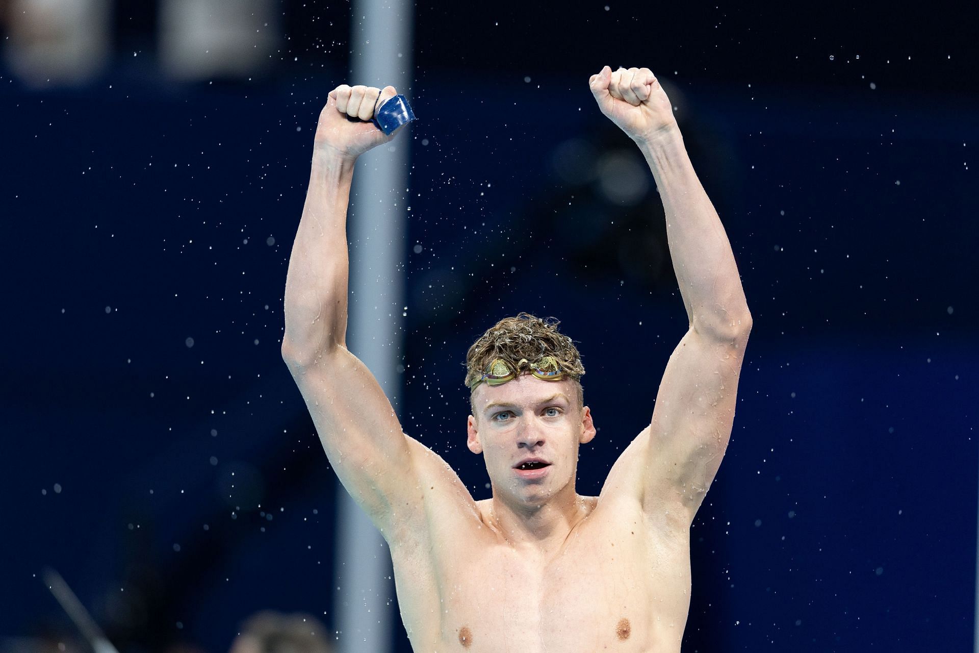 Leon Marchand of France celebrates winning the Men&#039;s 200m Breaststroke Final at the 2024 Olympic Games at La Defense Arena, in Nanterre, France. (Photo by Getty Images)