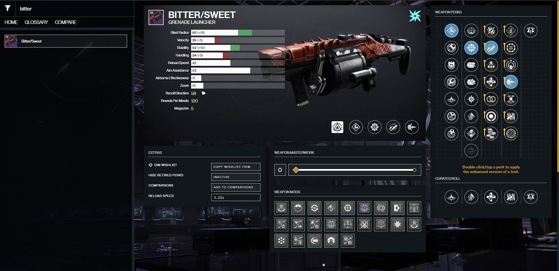 Bitter/Sweet PvE god roll in Destiny 2 (Image via Bungie/D2Gunsmith)