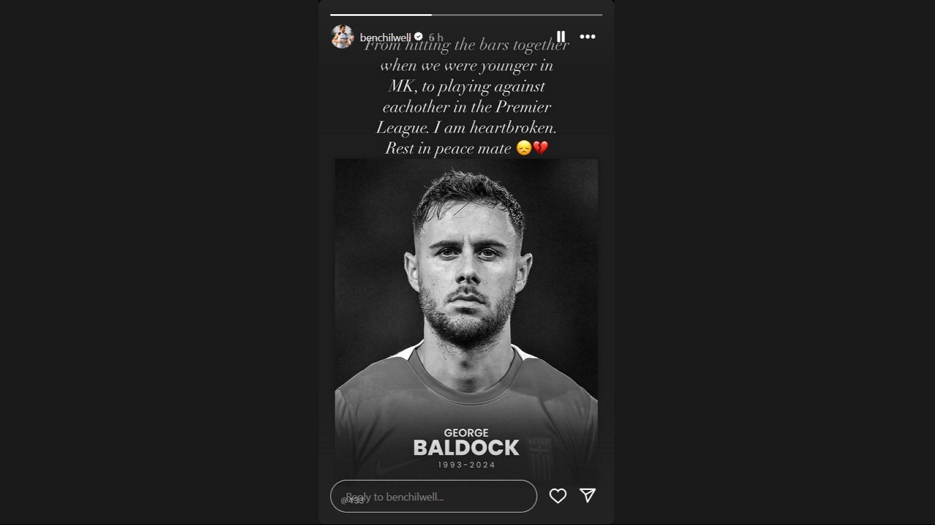 Ben Chilwell on Instagram following the death of George Baldock. (Image via Instagam/benchilwell)