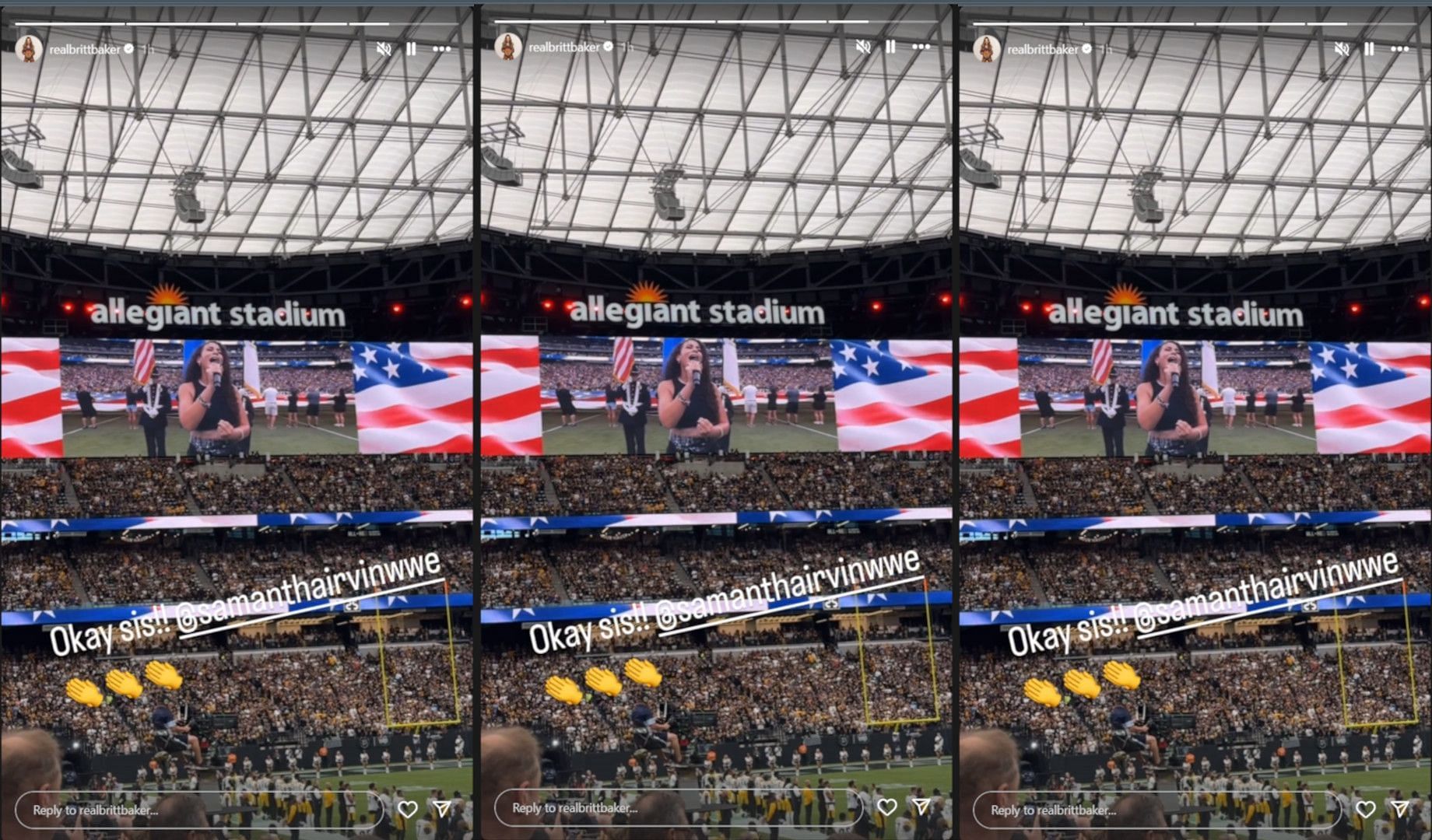 Samantha Irvin sings the national anthem at an NFL game.[Image credit: Screenshot of Britt Baker&#039;s Instagram story]