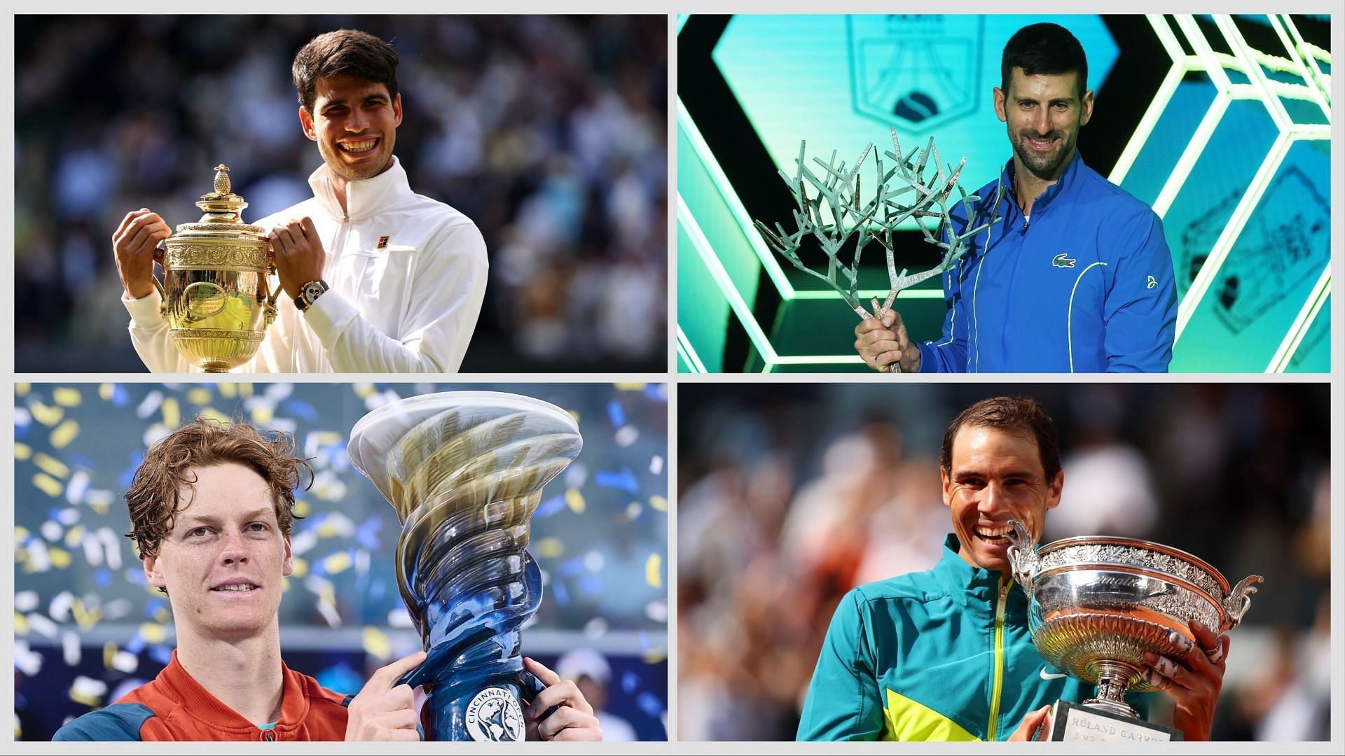 Jannik Sinner, Carlos Alcaraz, Rafael Nadal and Novak Djokovic have all won multiple titles during their career