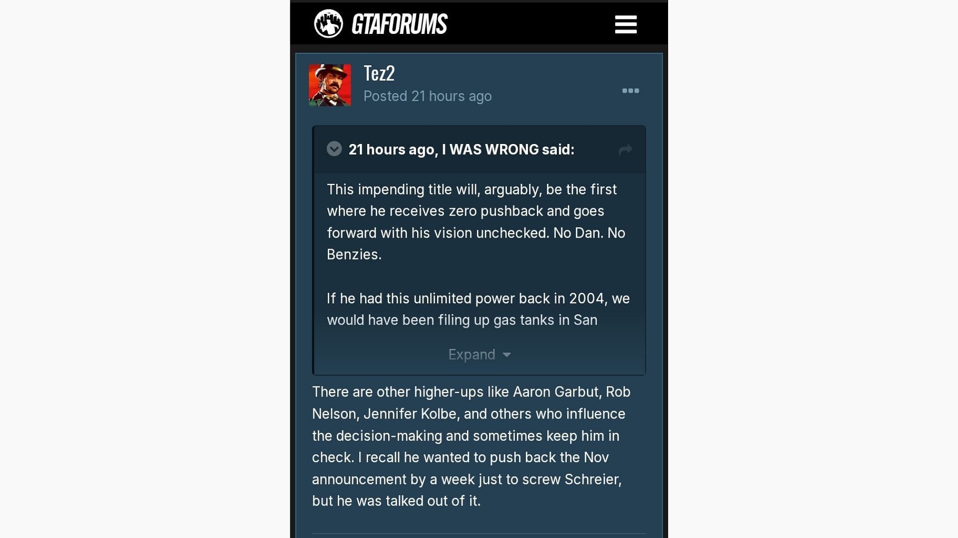 Tez2&#039;s comment about Sam Houser allegedly wanting to delay the announcement (Image via GTAForums)