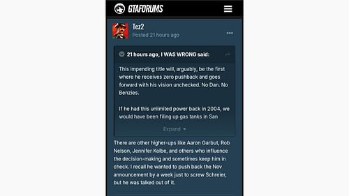 Tez2's comment about Sam Houser allegedly wanting to delay the announcement (Image via GTAForums)