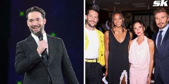Serena Williams' husband Alexis Ohanian reacts as Gabby Thomas presents Vogue awards alongside David and Victoria Beckham