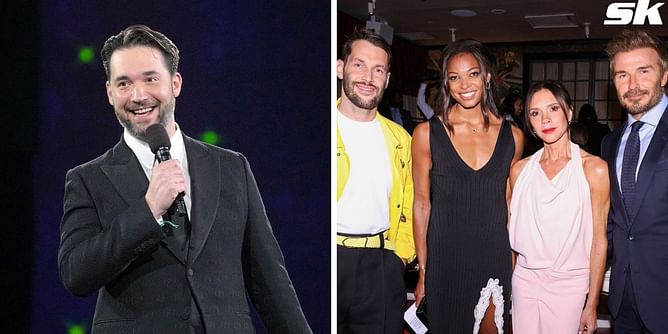 Serena Williams' husband Alexis Ohanian reacts as Gabby Thomas presents Vogue awards alongside David and Victoria Beckham