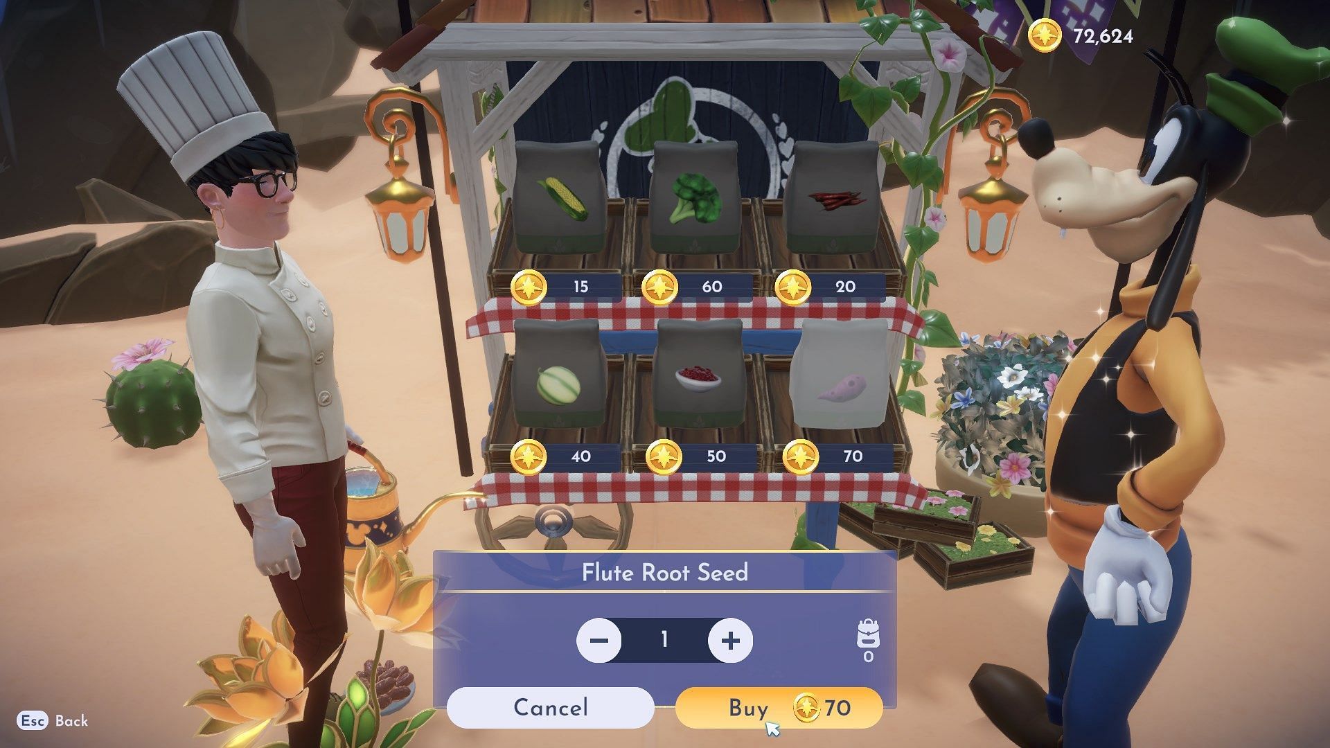 Flute Root seeds can be found at Goofy&#039;s Stall in Glittering Dunes. (Image via Gameloft)