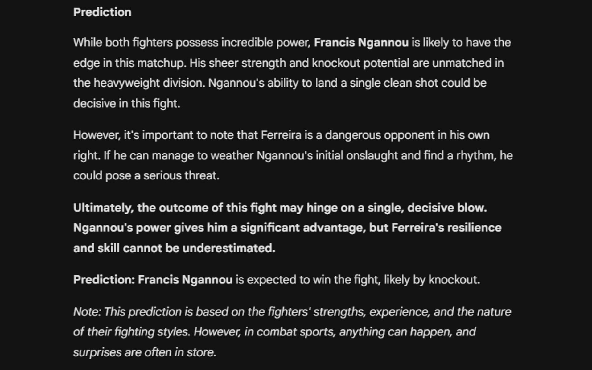 Screenshot of Google's AI prediction for Francis Ngannou vs. Renan Ferreira