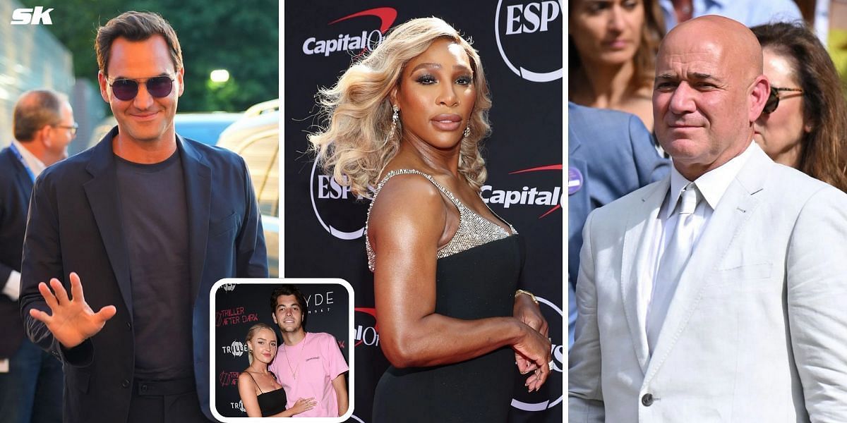 (From left to right) Roger Federer, Taylor Fritz with Morgan Riddle (inset), Serena Williams, and Andre Agassi | Images: Getty