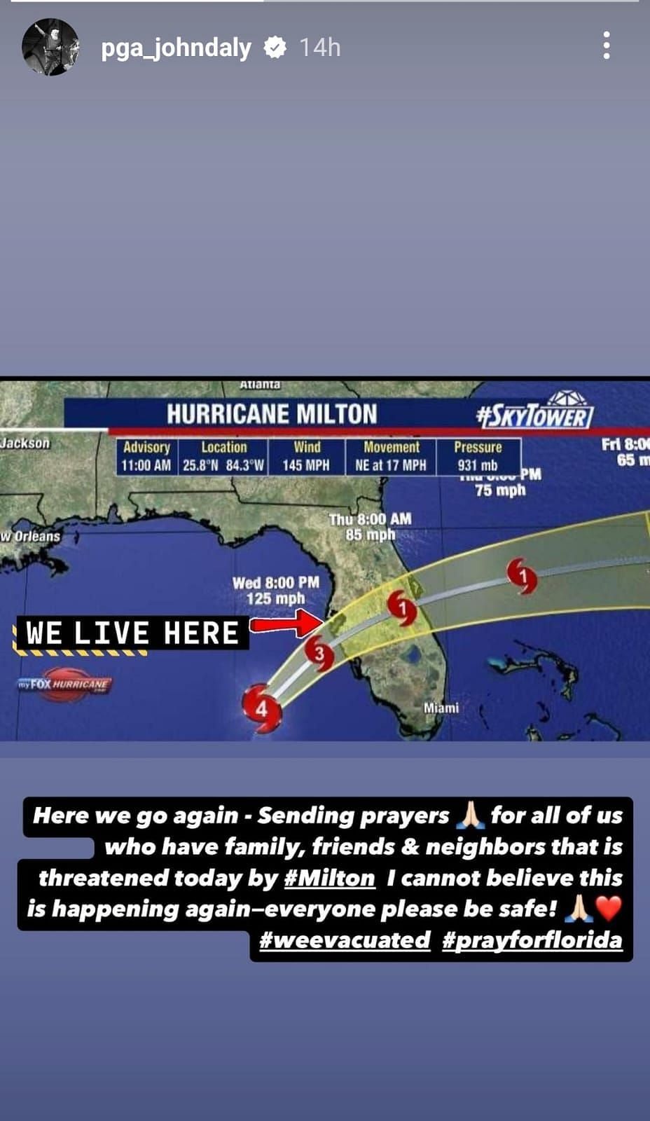 John Daly&#039;s message on Hurricane Helene ( via John Daly&#039;s Instagram story)