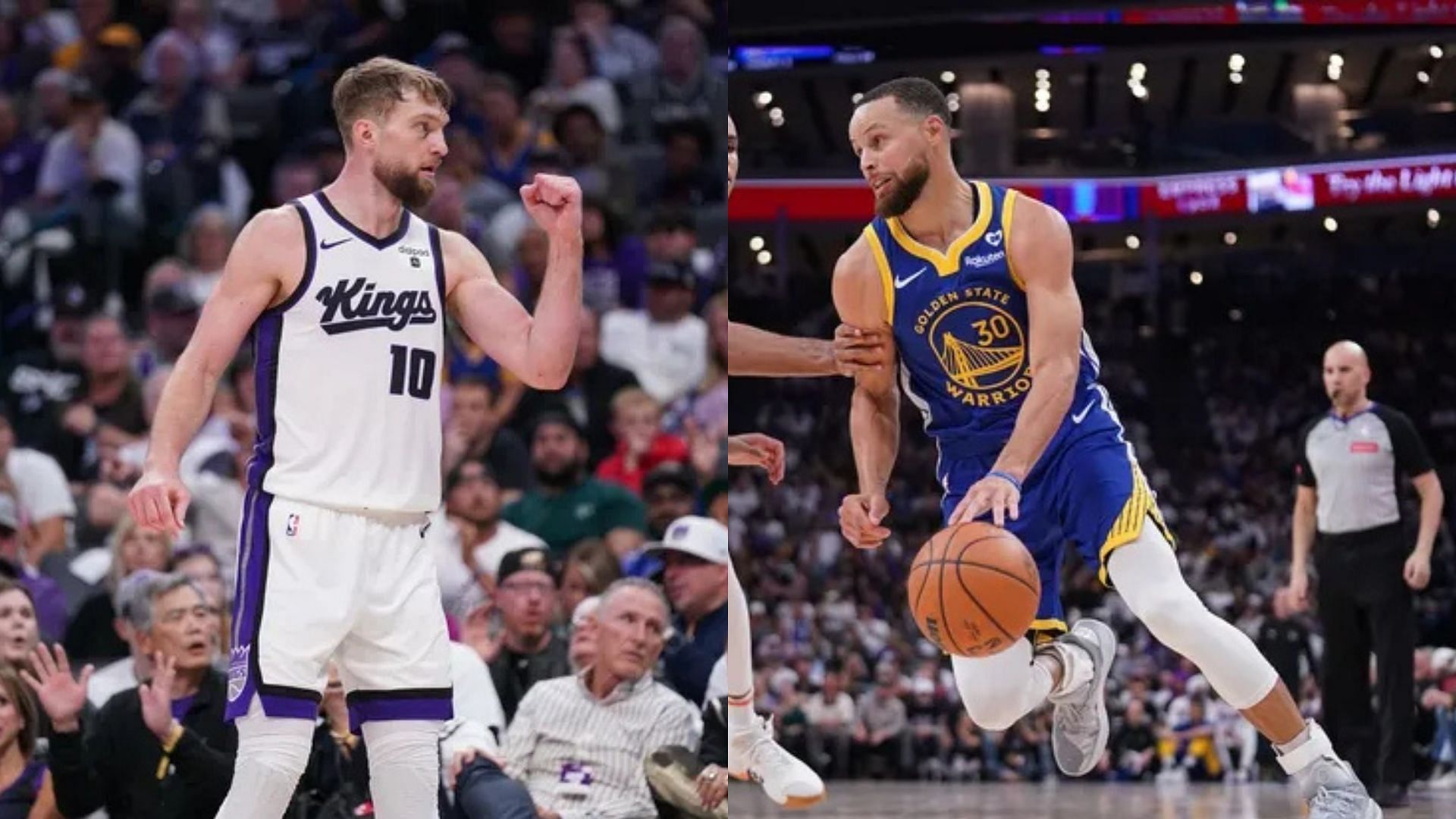 Sacramento Kings forward/center Domantas Sabonis, Golden State Warriors guard Steph Curry. Photo Credits: Imagn