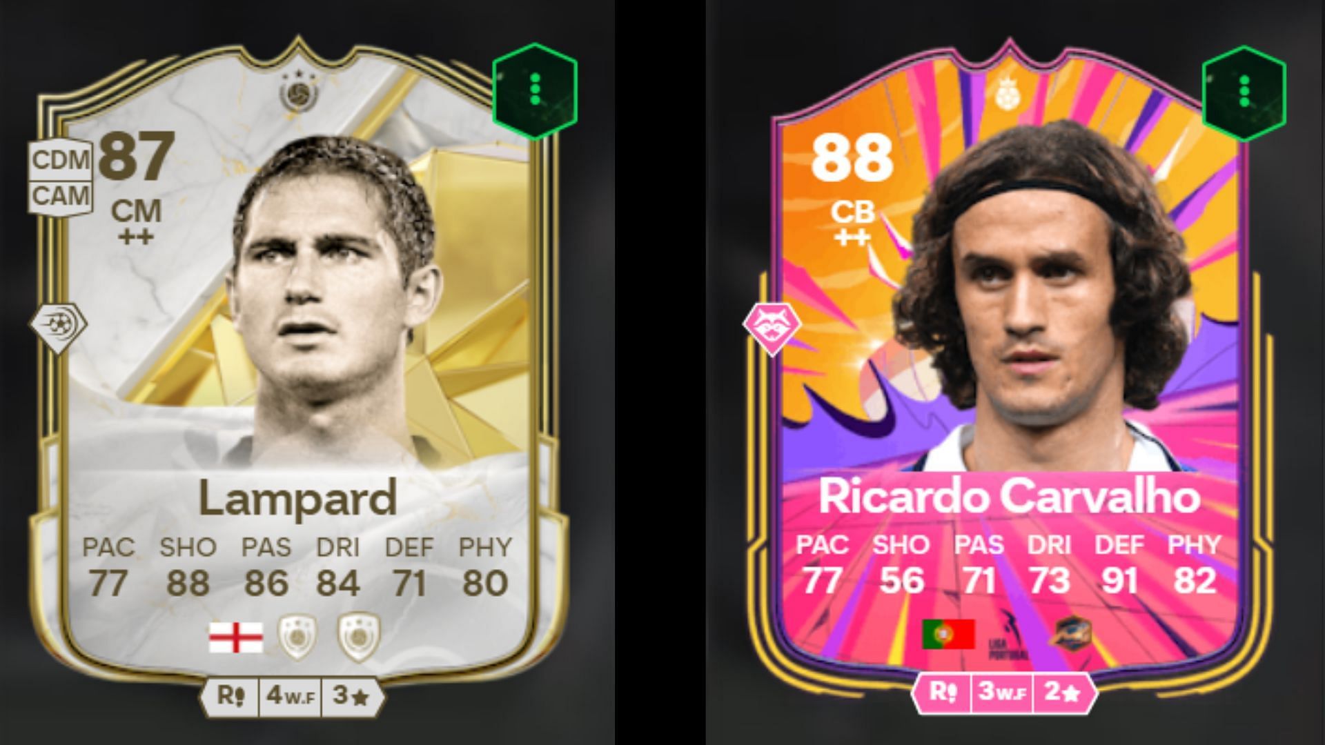 Lampard Icon and Carvalho Hero cards (Images via FUTBIN || EA Sports)